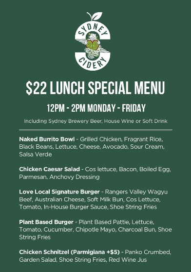 $22 Weekday lunch includes beer/wine/softdrnk