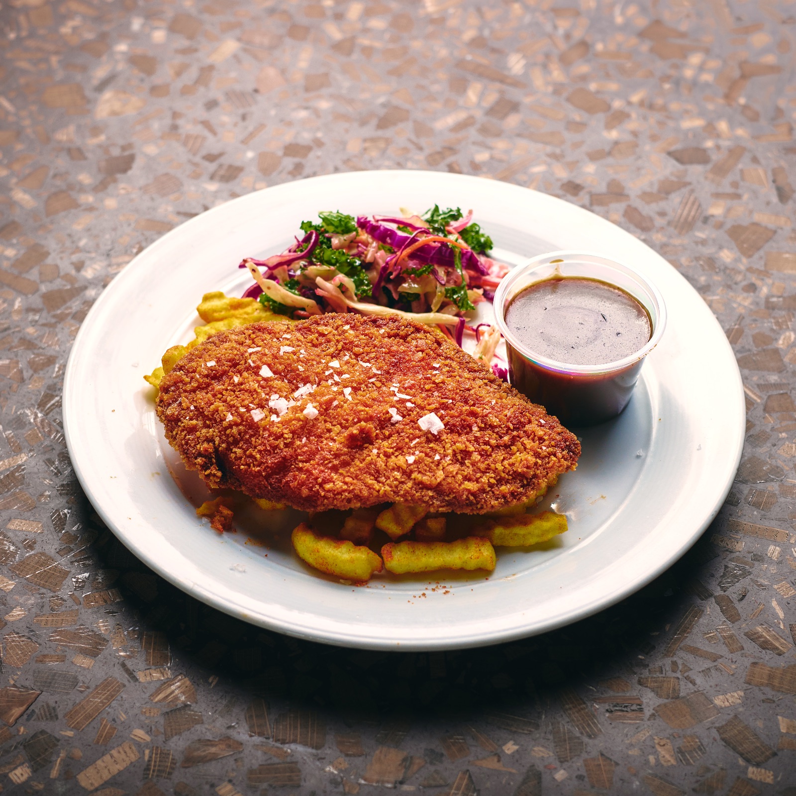 Chicken or Eggplant Schnitzel with Slaw & Chips (Mon)