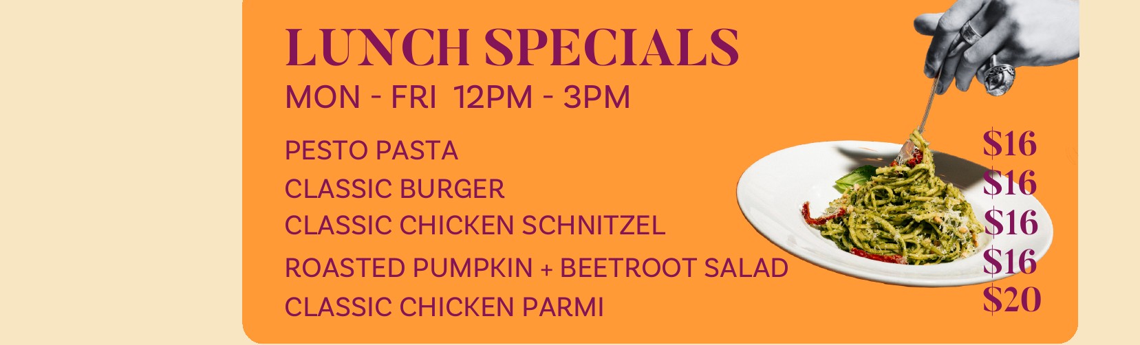Pasta, Burger, Chicken Shnitty or Roasted pumpkin salad